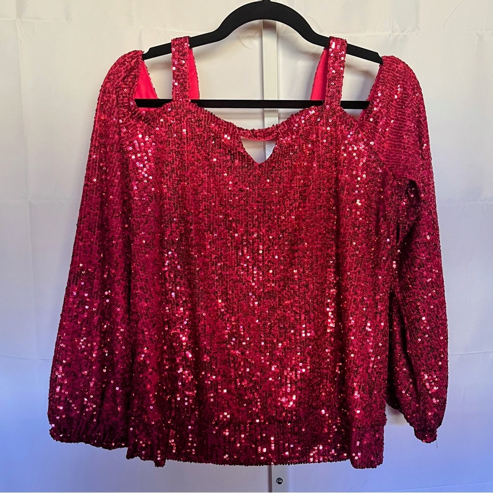 Sequin Cold Shoulder Top - Red